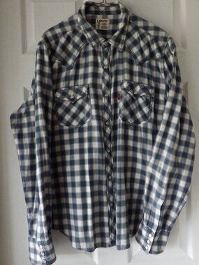 Levi's Western Wear Shirt Men's Blue Plaid Long Sleeve Large Pearl Snap Rancher